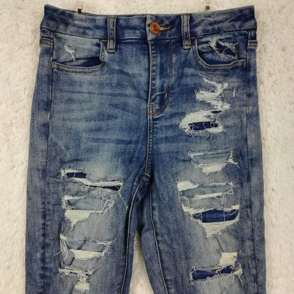 American Eagle Womens Jeans Jeggings Next Level Stretch Blue Denim Rip Short 4S - Picture 7 of 12